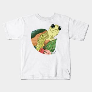 Comic Cartoon turtle With Grass And Flowers, Tortoise Lovers Kids T-Shirt